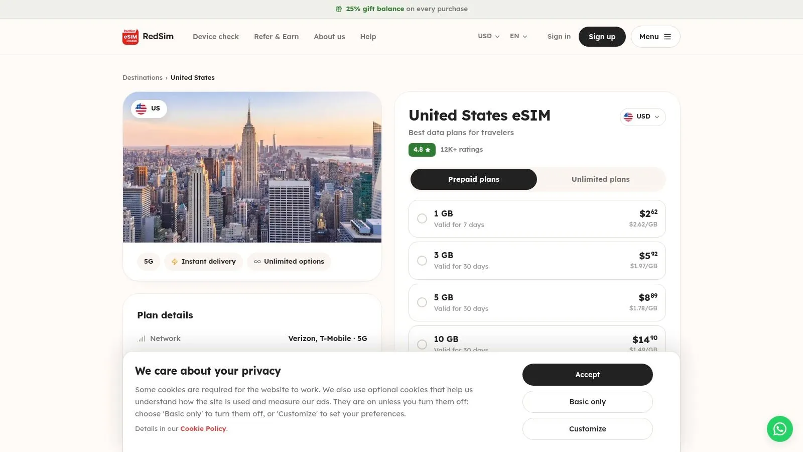 RedSim United States eSIM: prepaid travel data plan