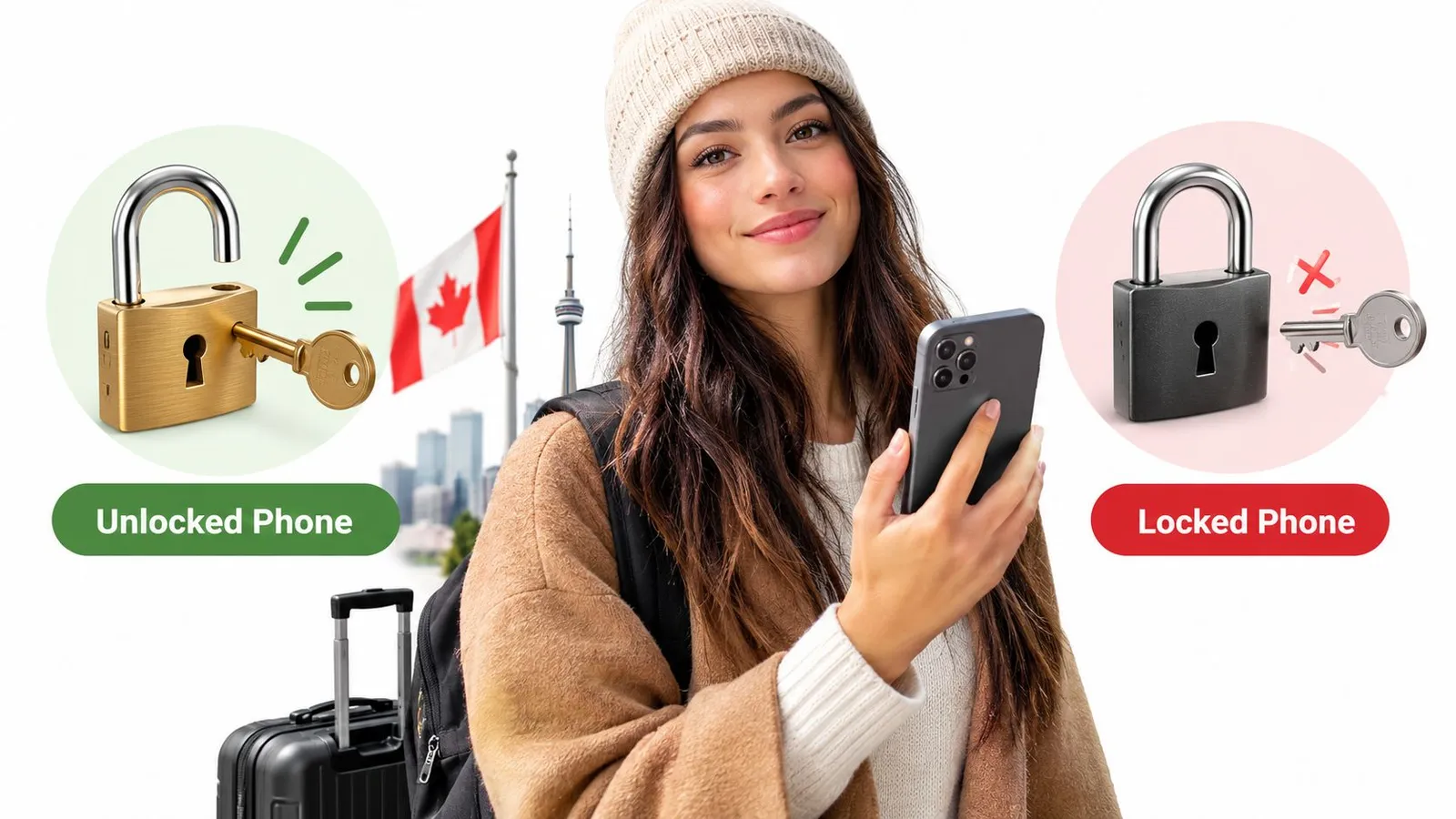A traveler holding a smartphone in front of a Canadian landmark, comparing unlocked and locked phone status.