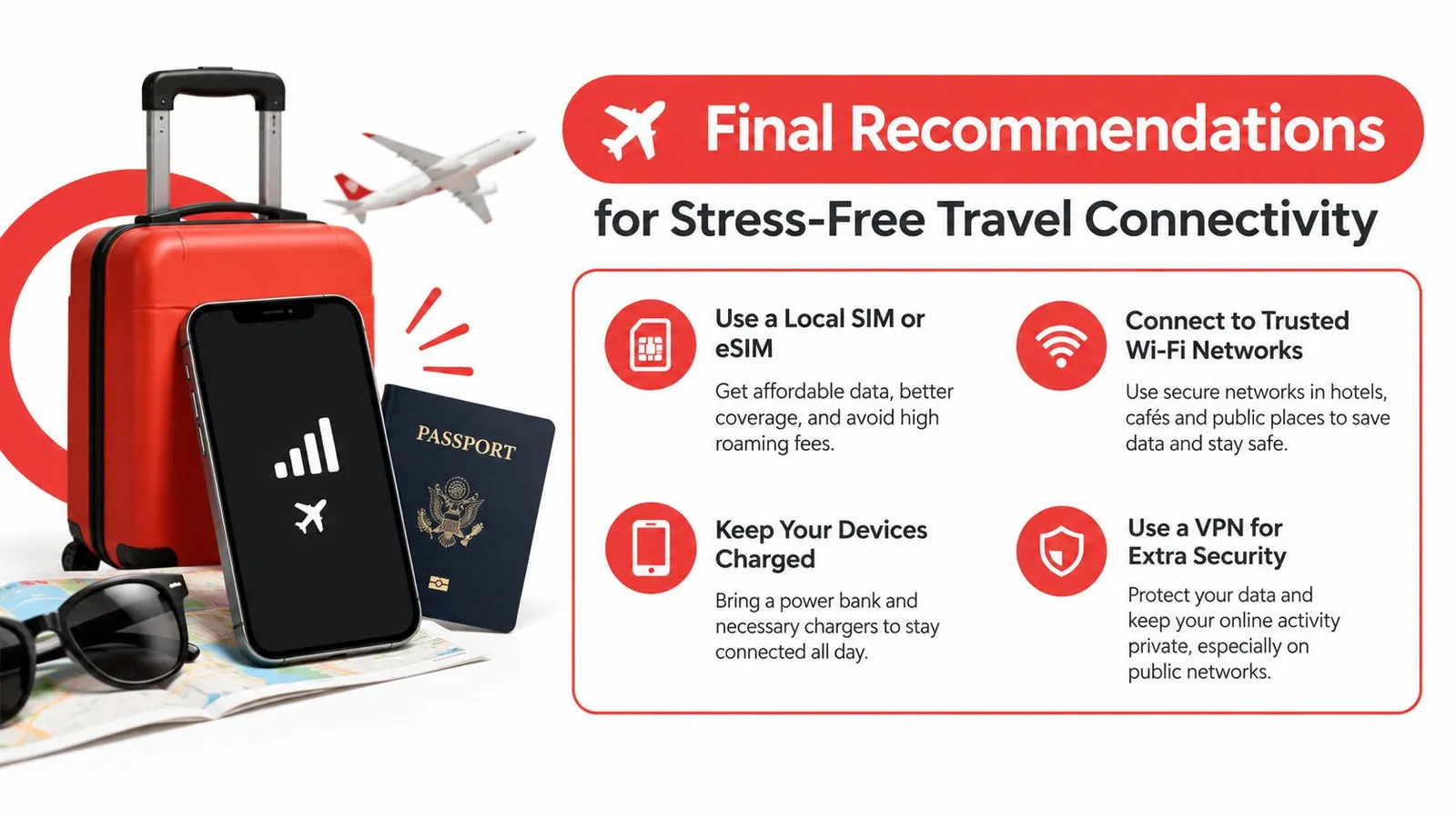 A travel checklist graphic about connectivity with a suitcase, phone, and tips for international roaming.