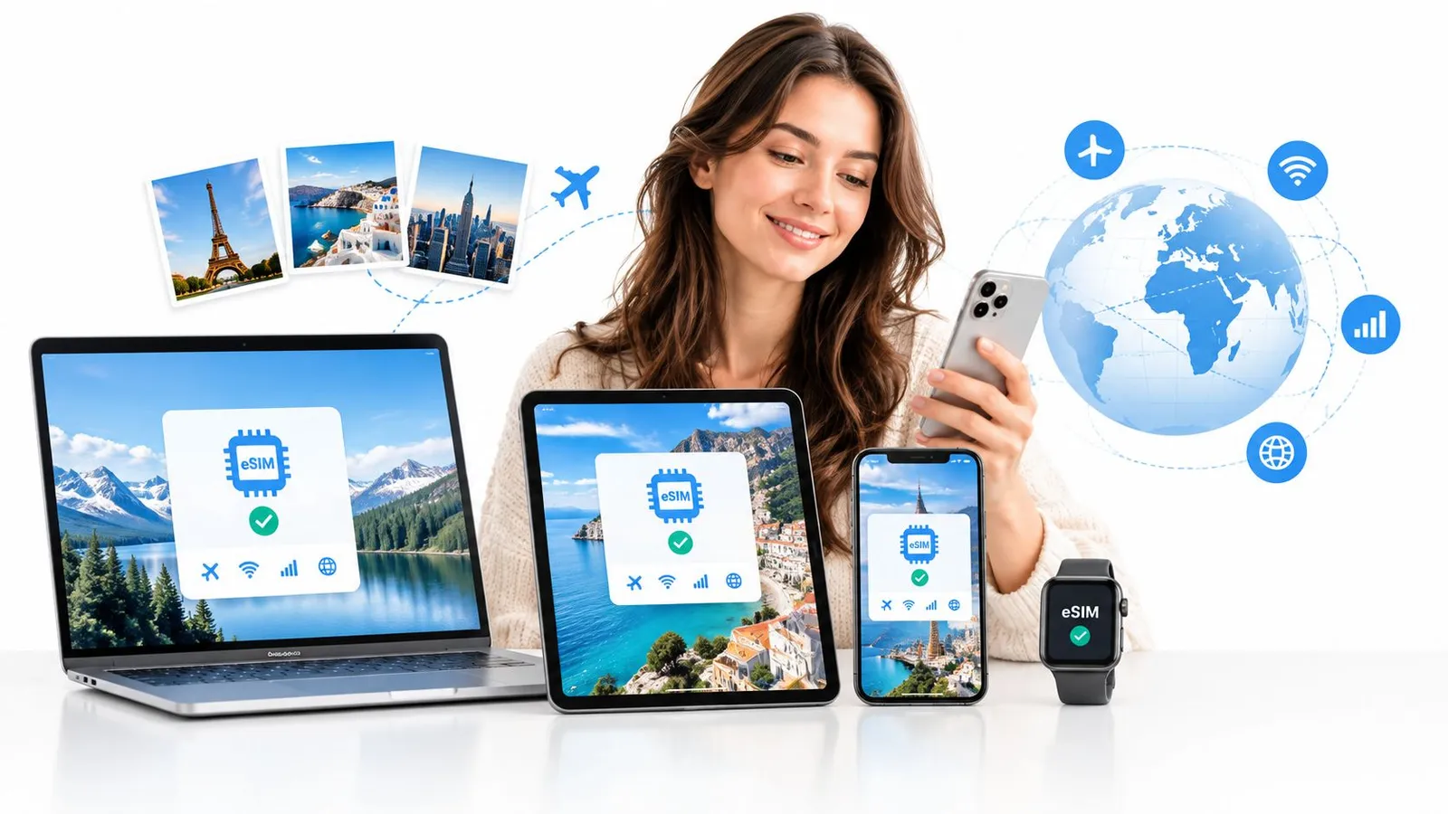 A woman holding a smartphone surrounded by a laptop, tablet, and smartwatch, all showcasing eSIM connectivity icons.