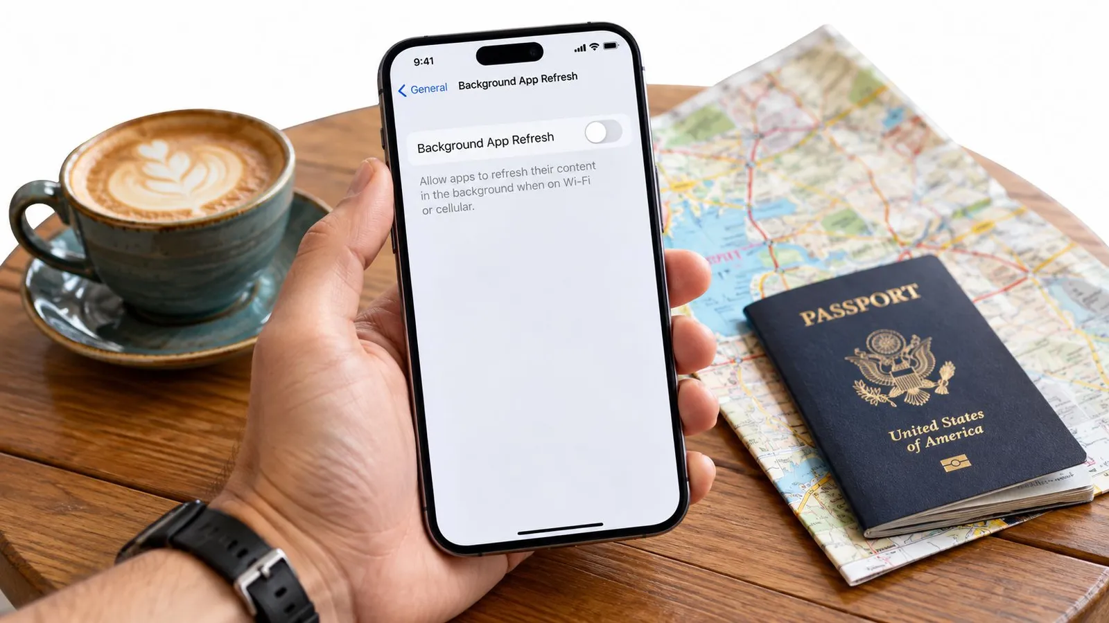 A hand holds a smartphone showing the background app refresh setting while sitting next to a coffee and passport.