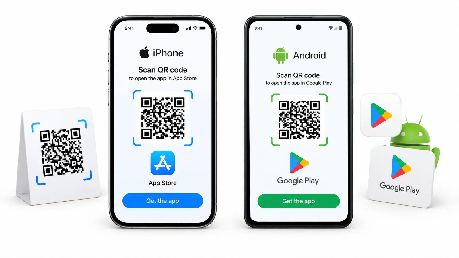 Two smartphones displaying QR codes to download applications from the Apple App Store and Google Play Store.