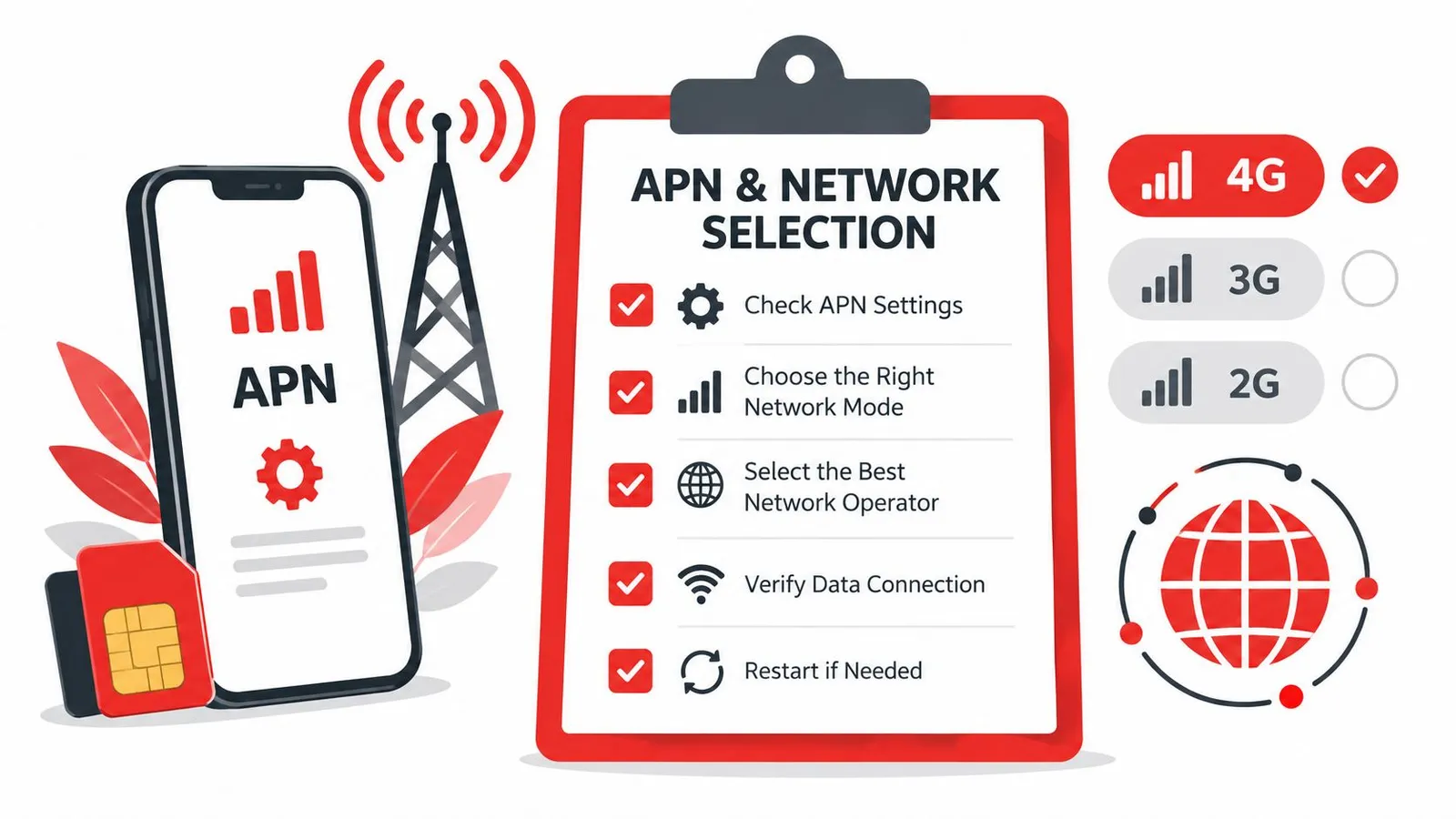 An infographic showing a checklist for troubleshooting cellular data issues including APN settings and network selection.