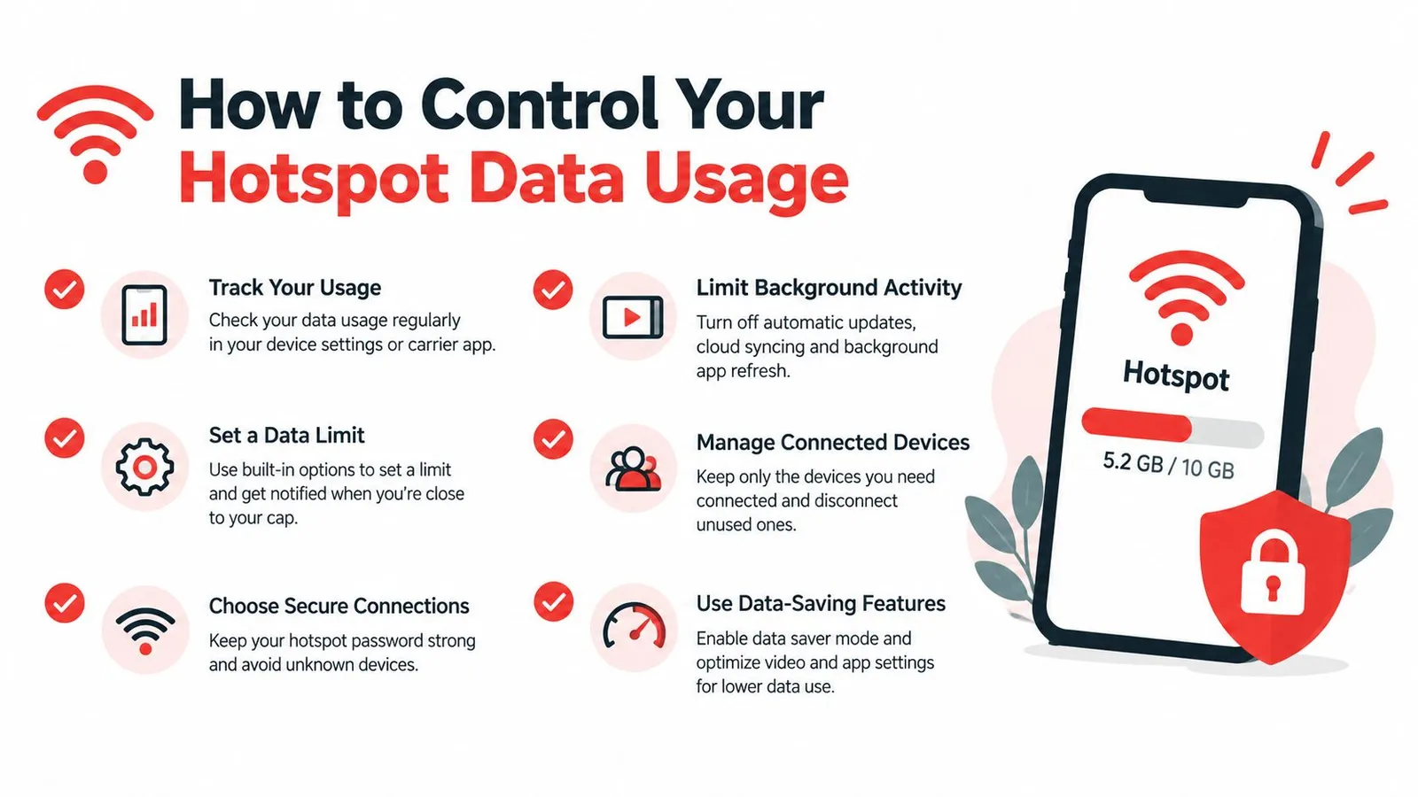 An infographic titled How to Control Your Hotspot Data Usage with tips for managing mobile data consumption.