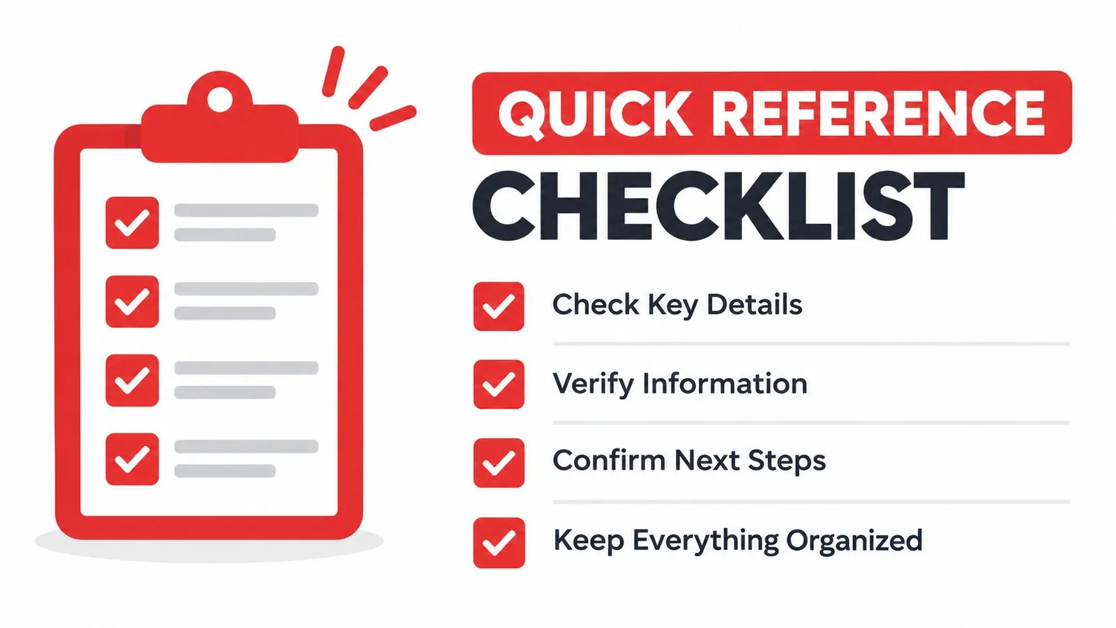 A red clipboard graphic with a checkmark list titled Quick Reference Checklist on a white background.