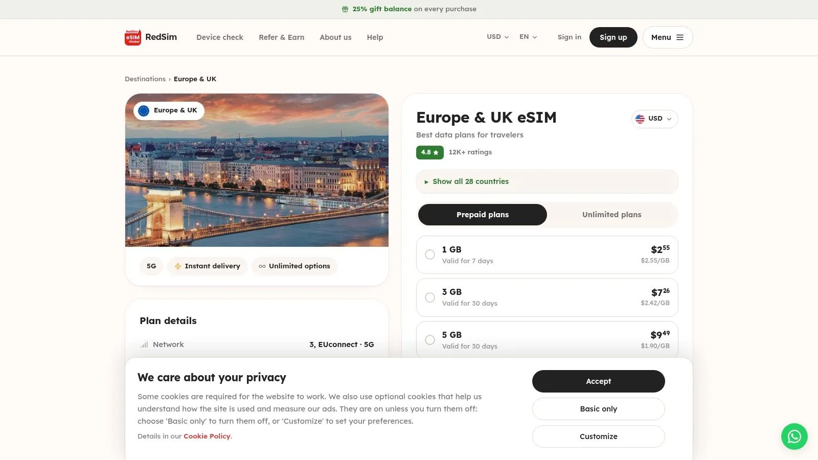 RedSim Europe & UK eSIM: prepaid travel data plan