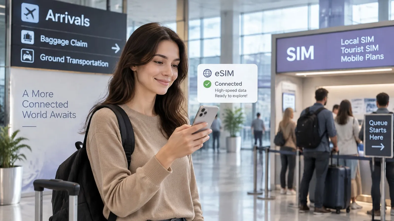 A smiling young woman using her smartphone at an airport to connect with an international eSIM data plan.