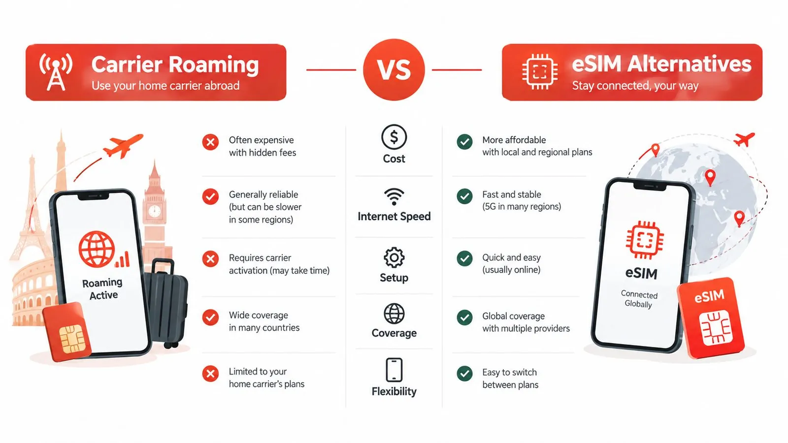 A comparison infographic between carrier roaming and eSIM alternatives showing cost, speed, setup, and flexibility.