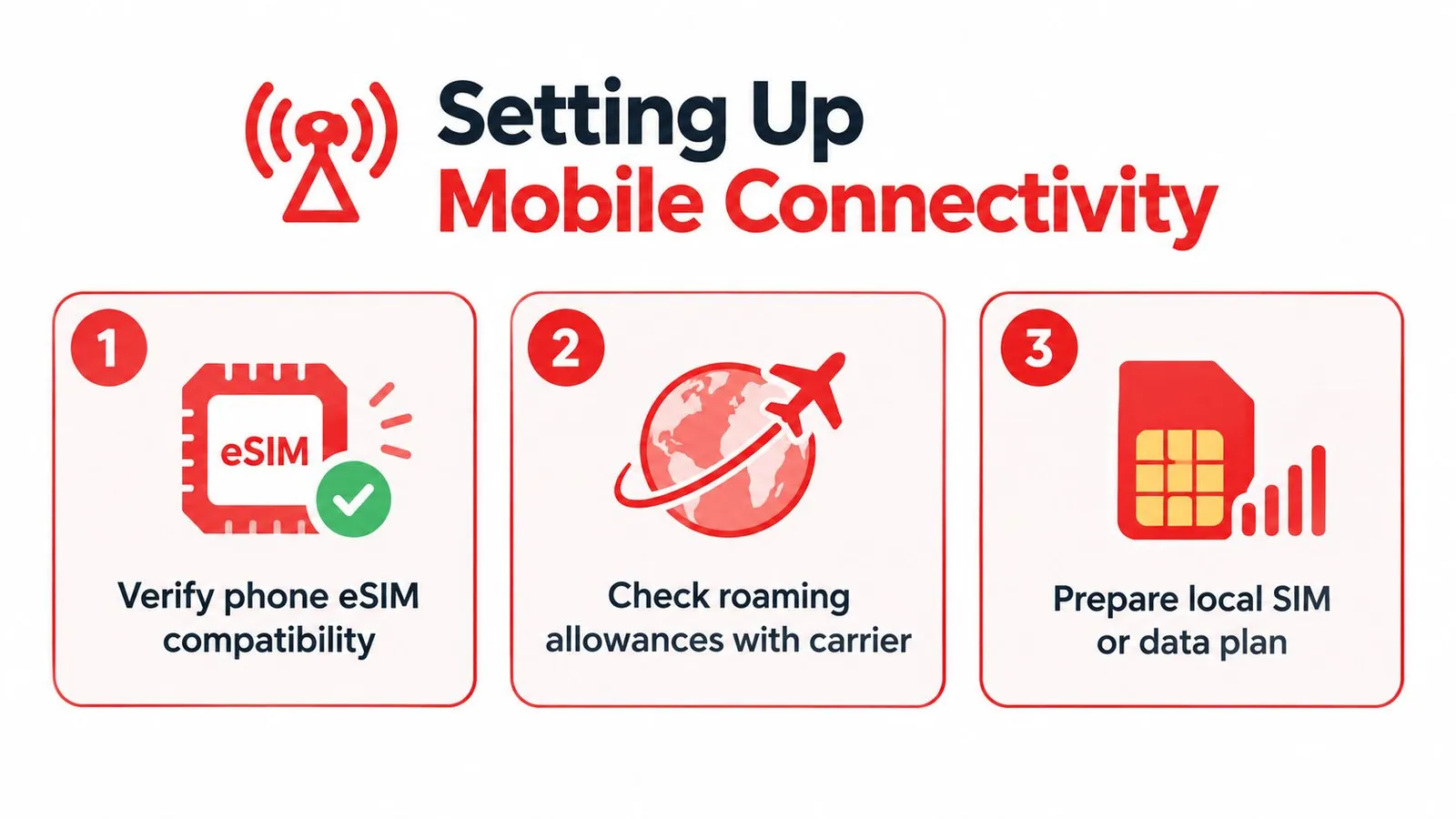 An infographic showing three steps to set up mobile connectivity for international travel including eSIM verification.