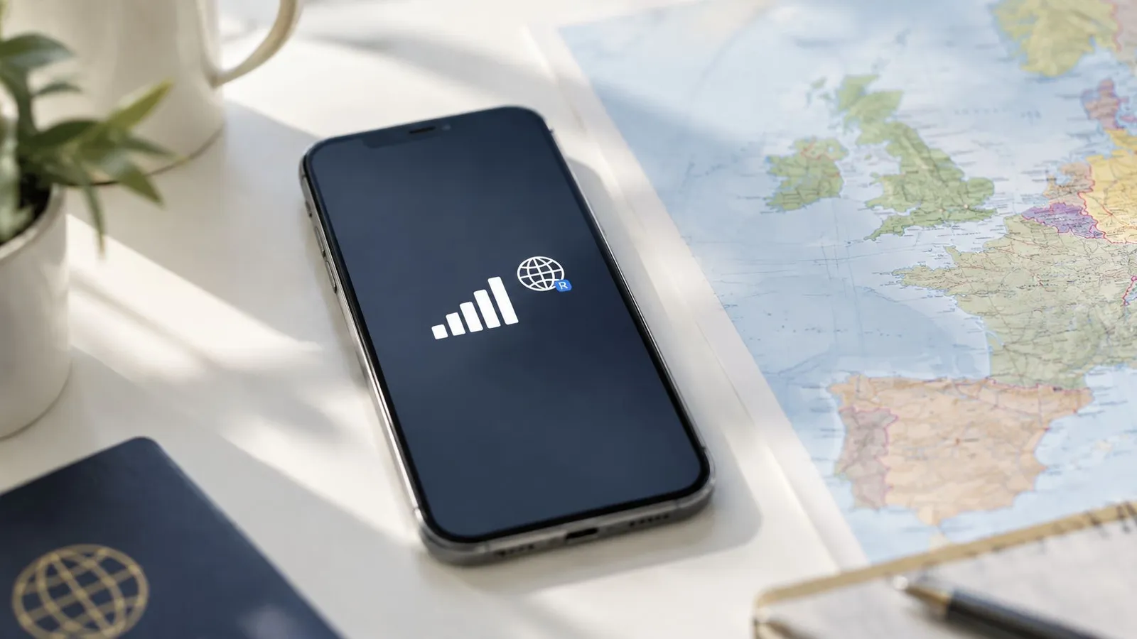 A smartphone displaying a roaming connection symbol next to a physical passport and a world map.