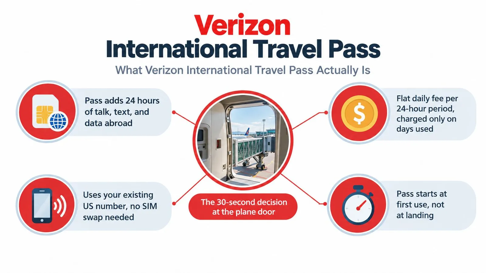 An infographic explaining the benefits and features of the Verizon International Travel Pass for overseas usage.