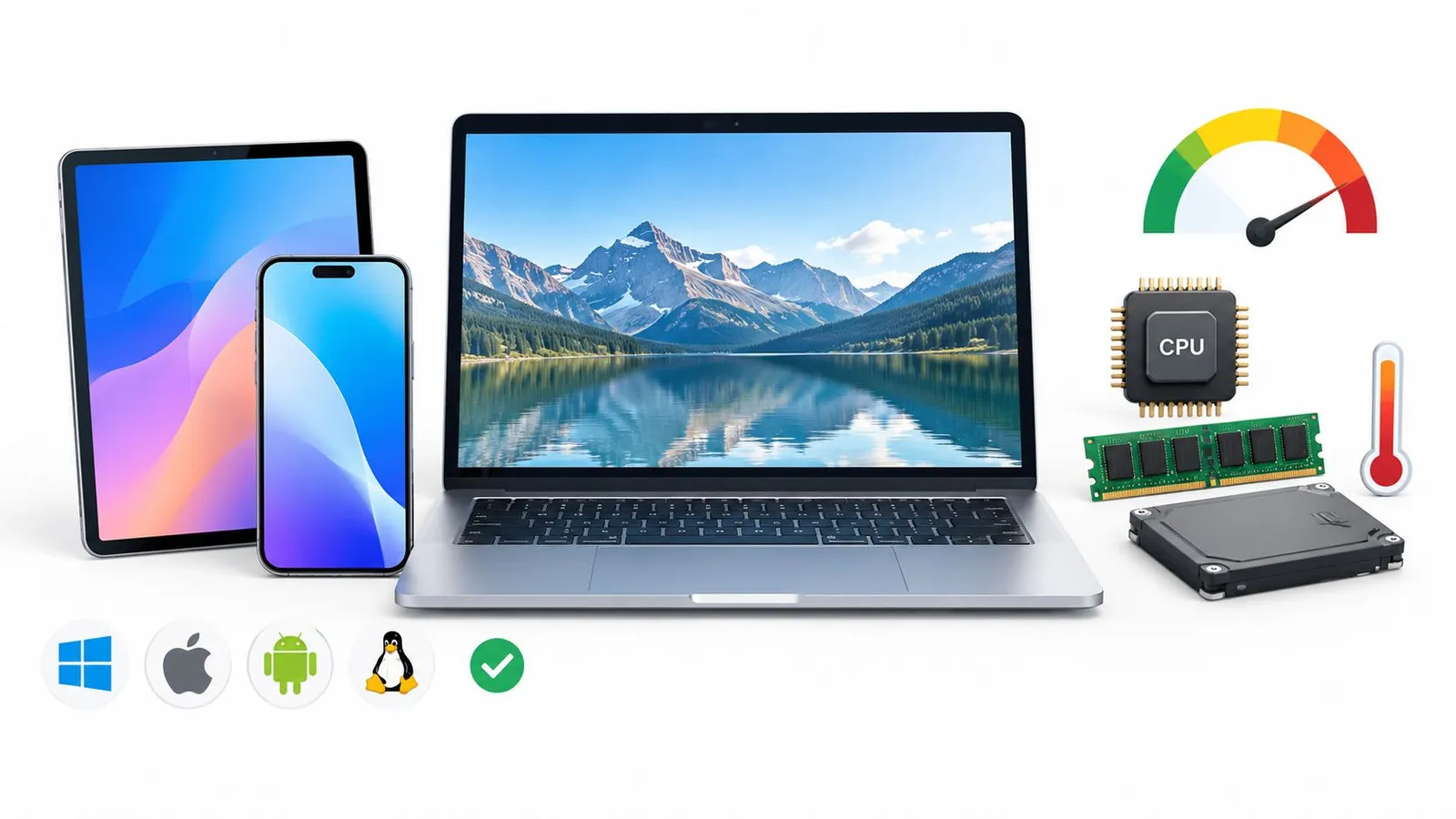 A laptop, tablet, and smartphone displayed with various hardware components like CPU, RAM, and operating system icons.