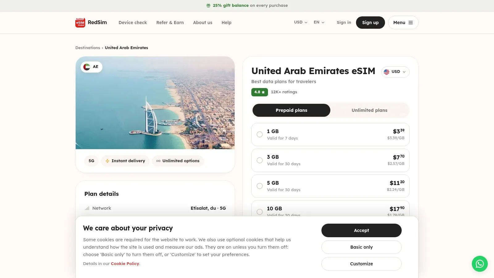 RedSim United Arab Emirates eSIM: prepaid travel data plan