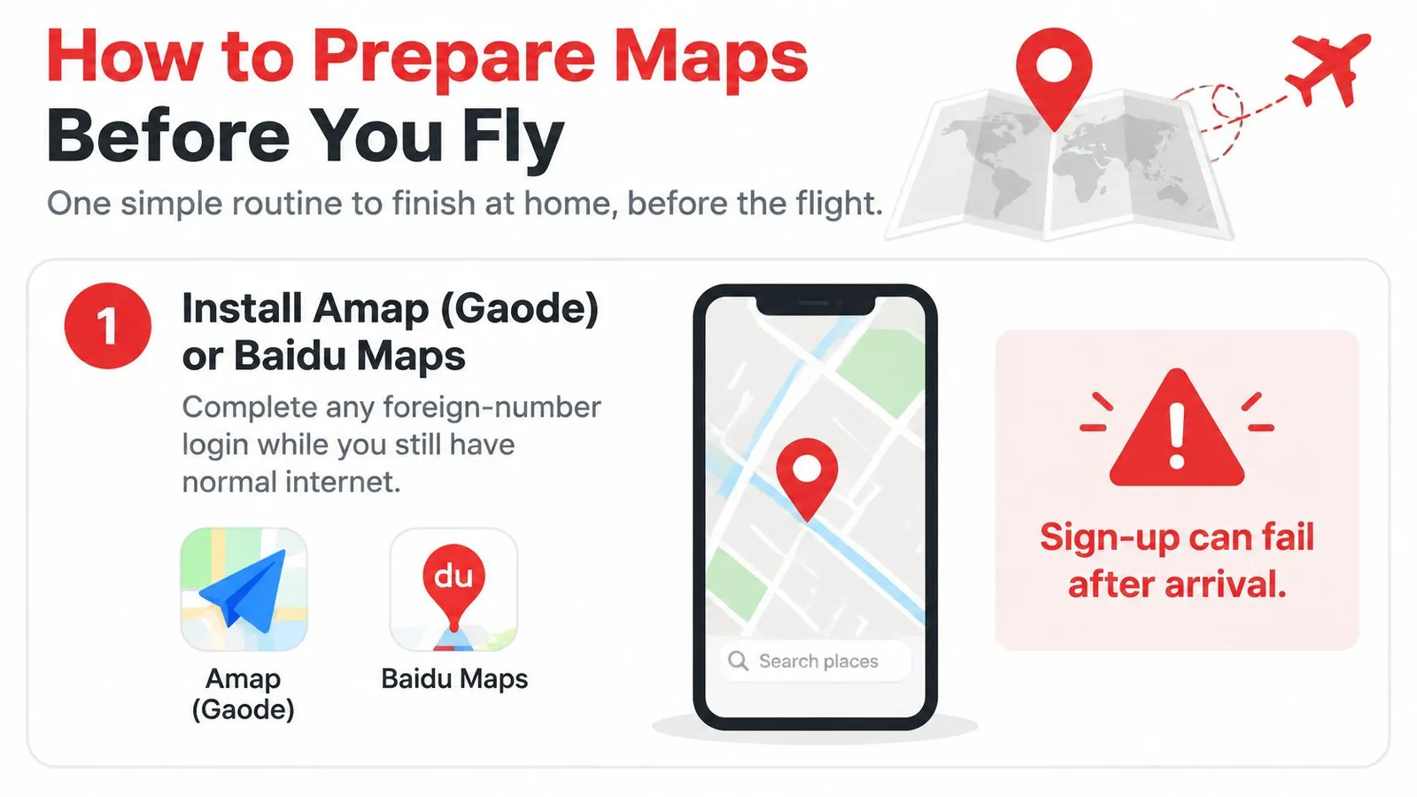 An infographic advising travelers to install Chinese map apps like Amap or Baidu before flying to China.