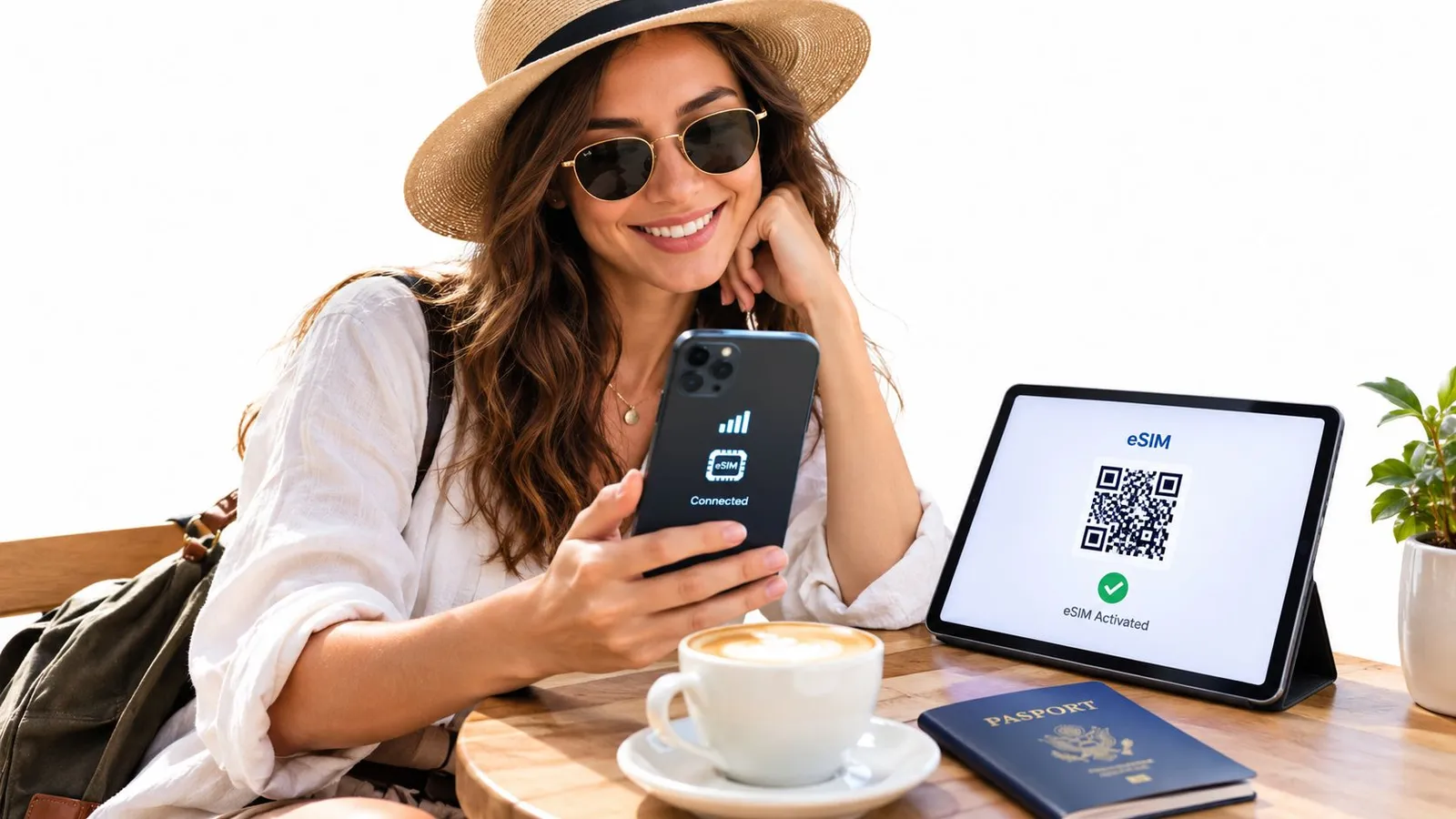 A woman wearing a hat and sunglasses smiles while checking her phone after activating an eSIM via QR code.