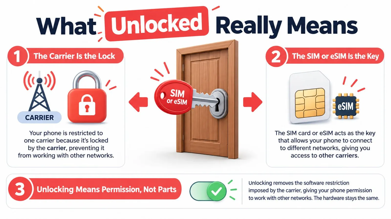 An infographic explaining that an unlocked smartphone allows users to connect to different mobile carrier networks.