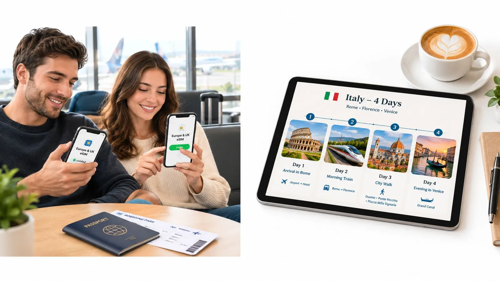 A couple preparing for an Italian vacation, using travel eSIMs on smartphones alongside their passports and boarding passes.