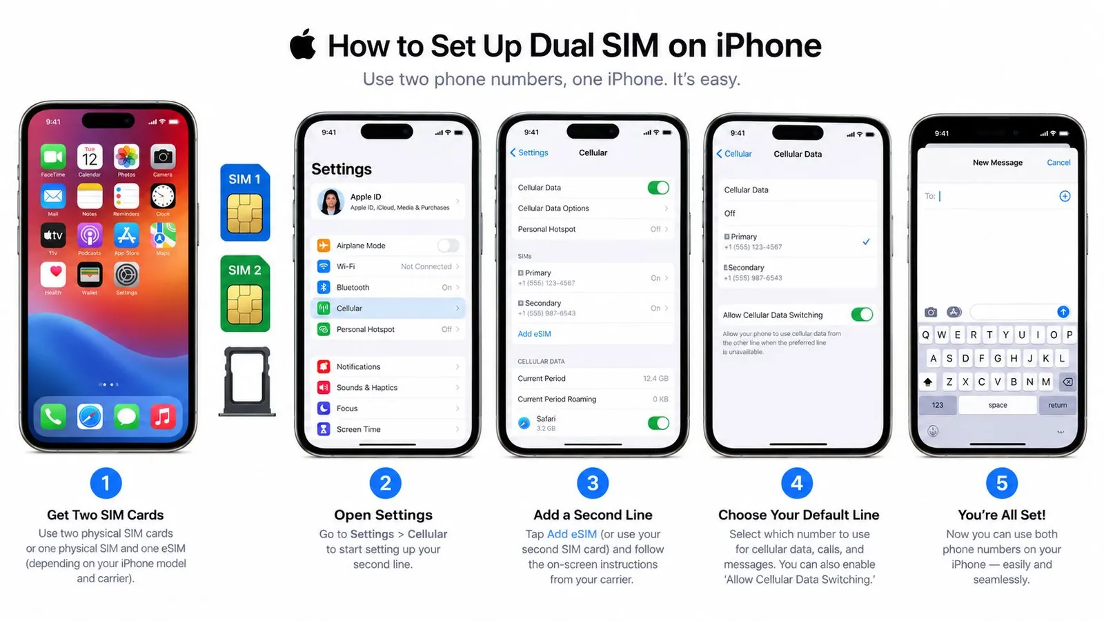 An infographic showing the five-step process to set up Dual SIM functionality on an Apple iPhone device.