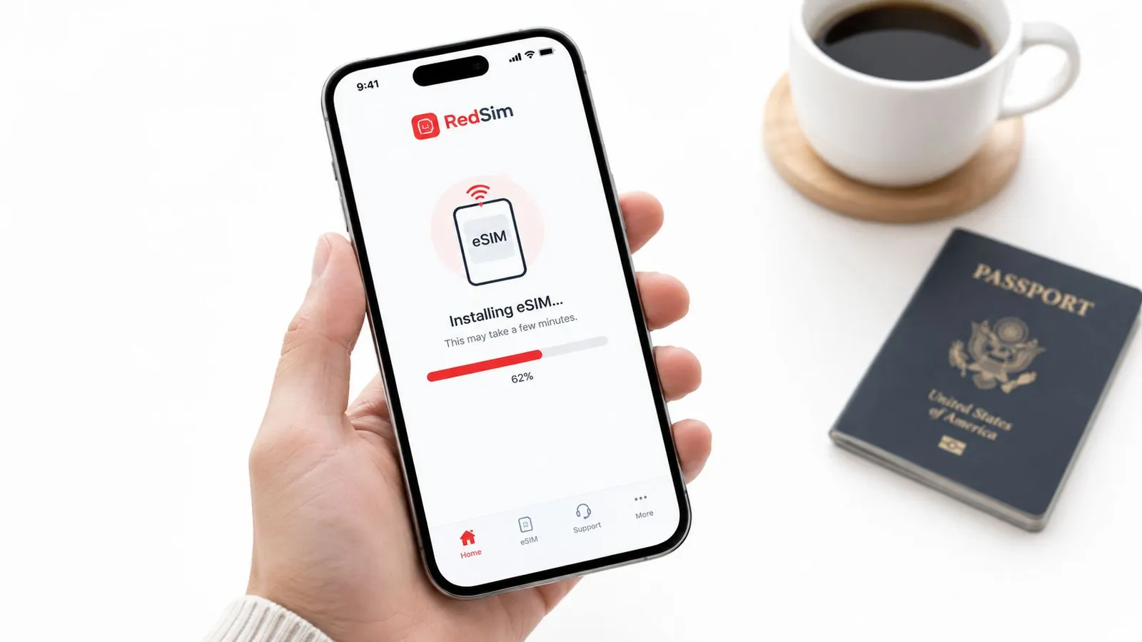 A person holding a smartphone showing an eSIM installation screen for the RedSim mobile application.