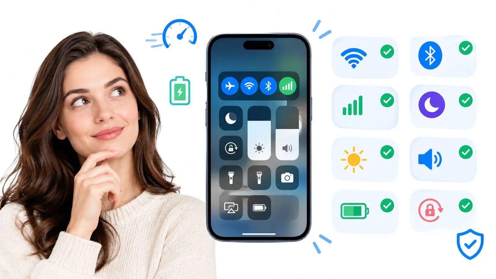 A young woman thoughtfully looking at a smartphone screen displaying quick settings and connection control icons.