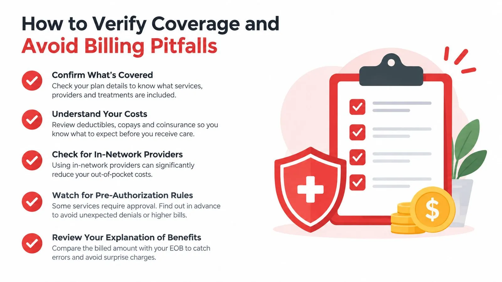 An infographic titled How to Verify Coverage and Avoid Billing Pitfalls with five tips for managing healthcare costs.