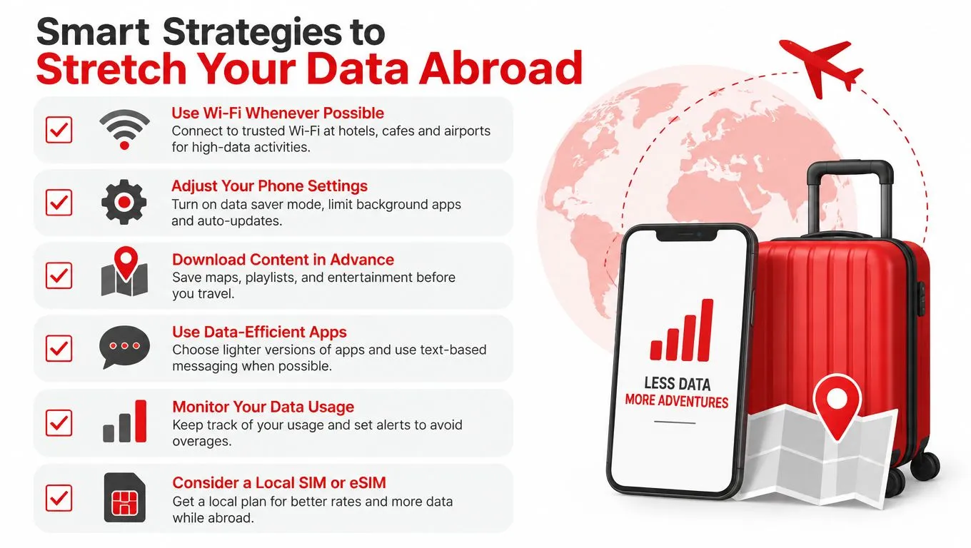 An infographic showing tips for saving mobile data while traveling, including using Wi-Fi and local eSIM cards.