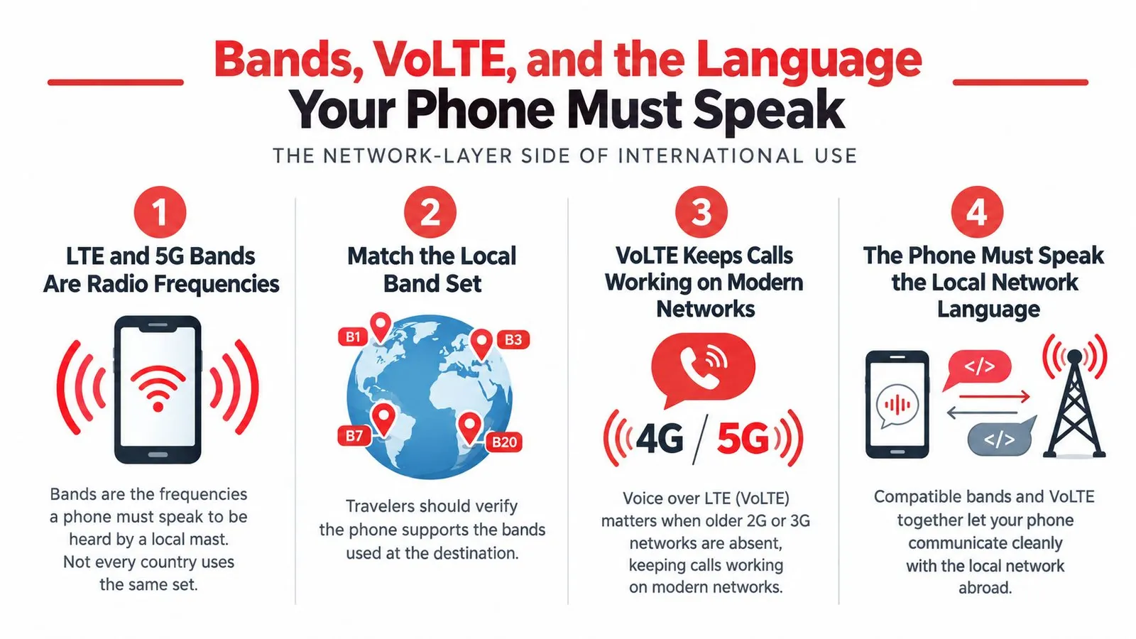 An infographic explaining how LTE, 5G bands, and VoLTE work for international smartphone travel and network compatibility.