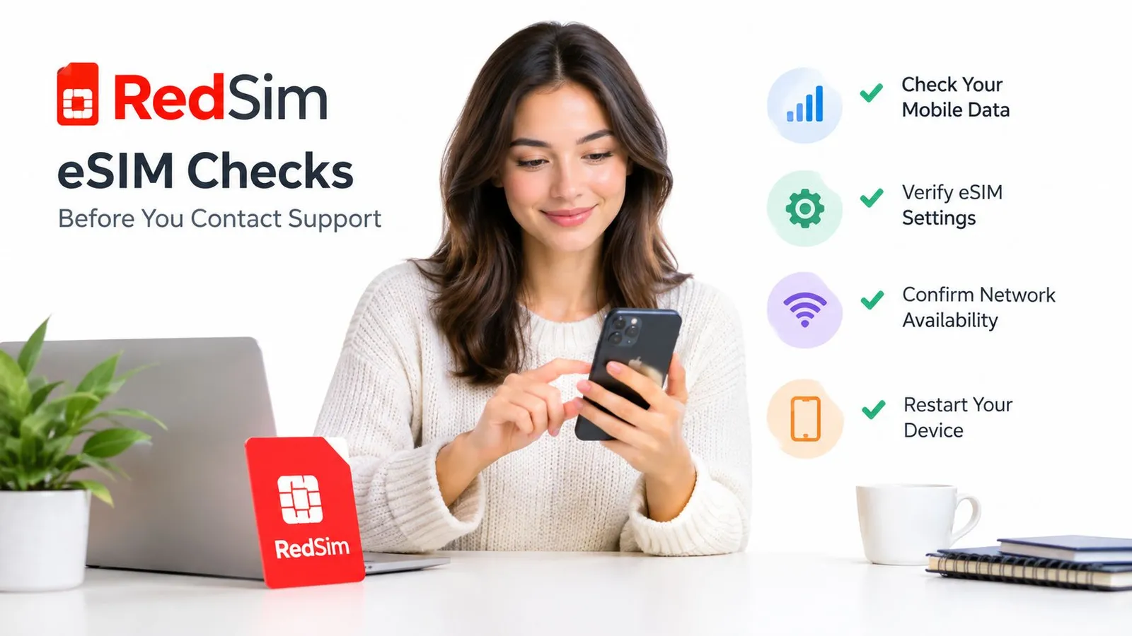 A woman looks at her smartphone while a RedSim infographic displays checklist steps for eSIM troubleshooting.