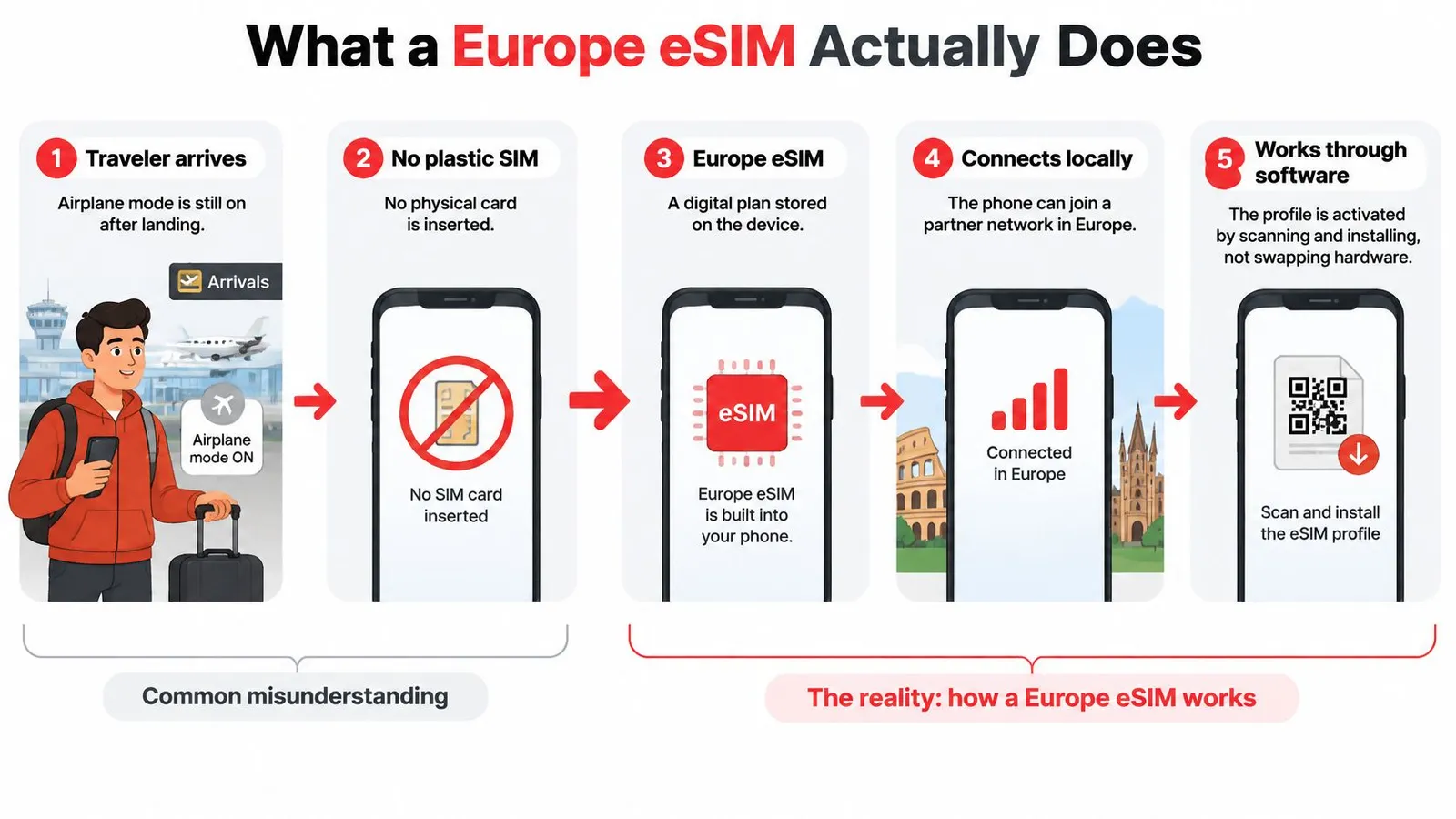A diagram explaining how a Europe eSIM functions through digital software activation instead of physical cards.