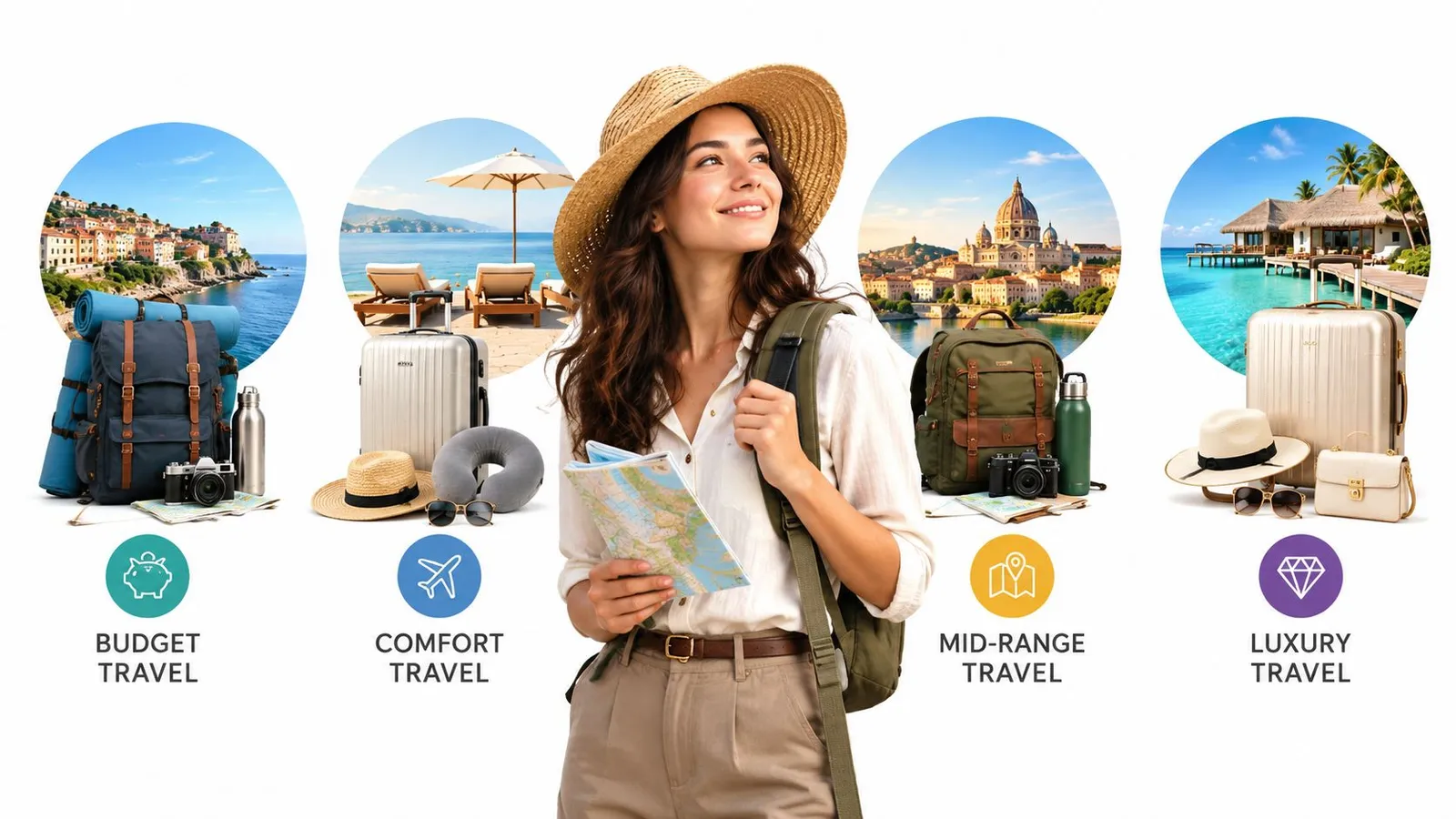 A woman holding a map surrounded by four categories of travel options featuring luggage and vacation destinations.