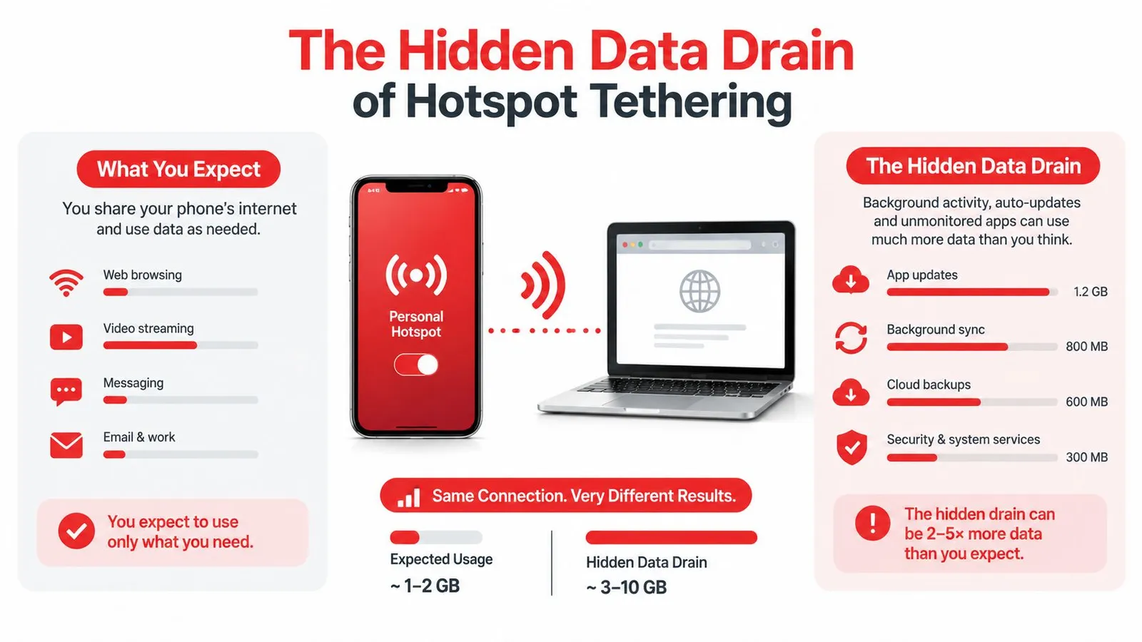 An infographic showing how hotspot tethering causes hidden data consumption beyond expected web usage through background processes.