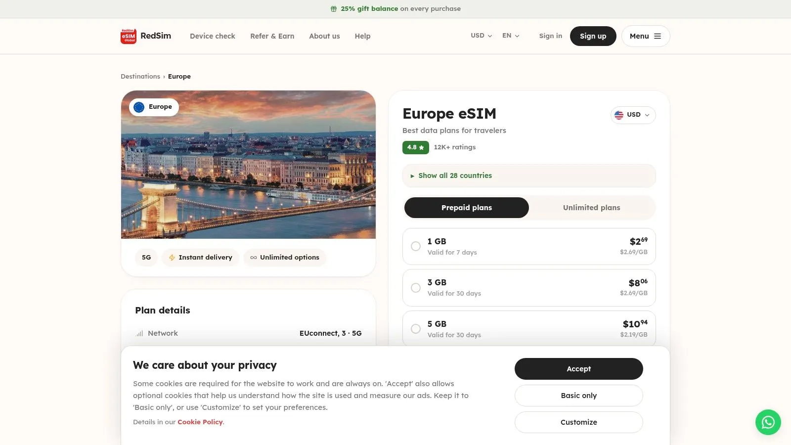 RedSim Europe & UK eSIM: prepaid travel data plan