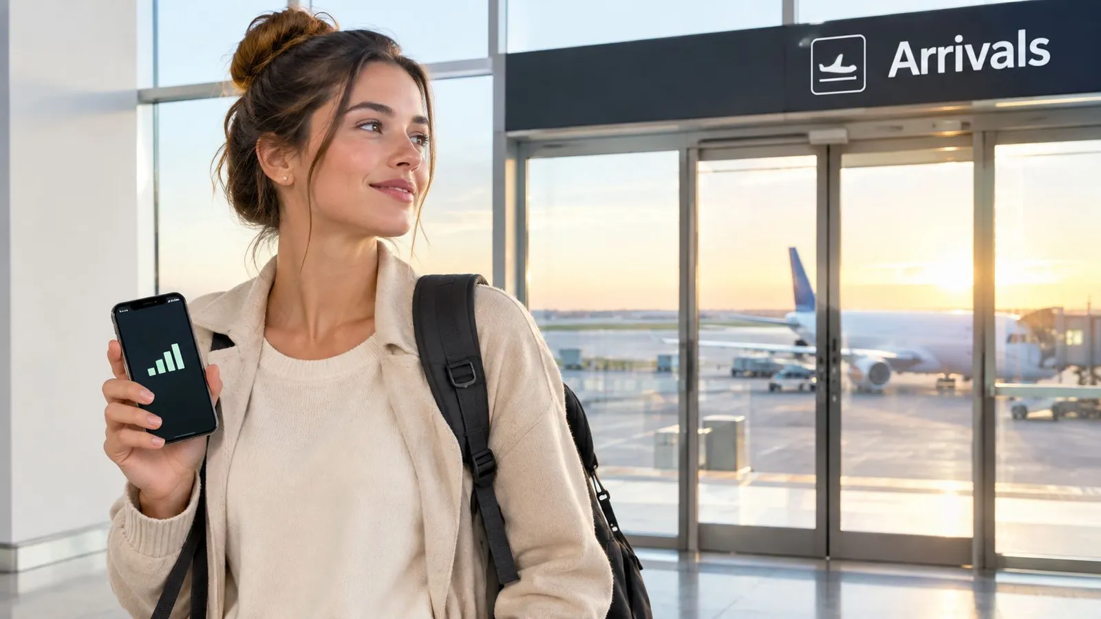 A woman holding a smartphone with full signal bars standing in an airport arrivals terminal.
