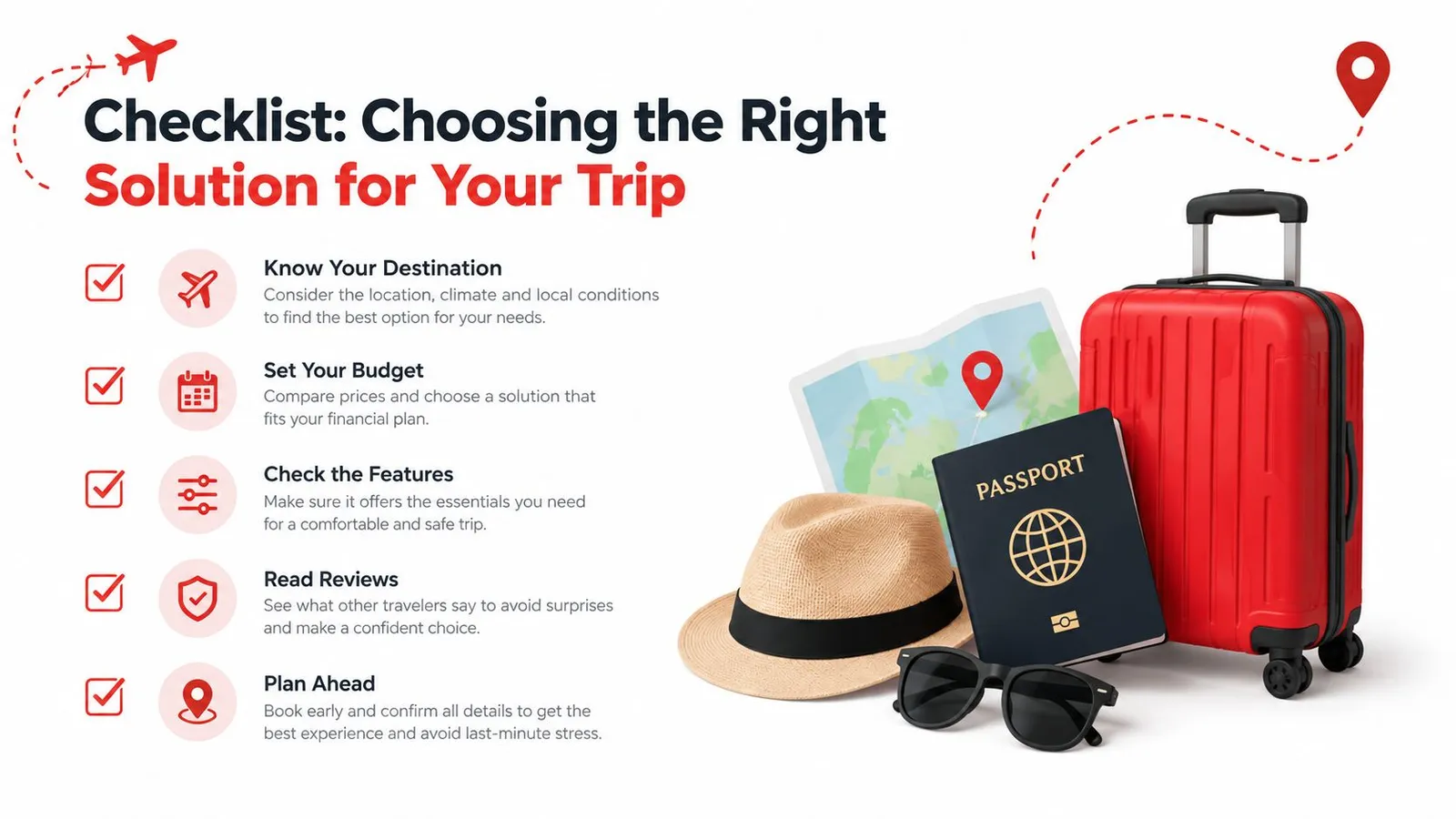 A travel checklist graphic featuring a suitcase, passport, map, and sun hat with trip planning tips.
