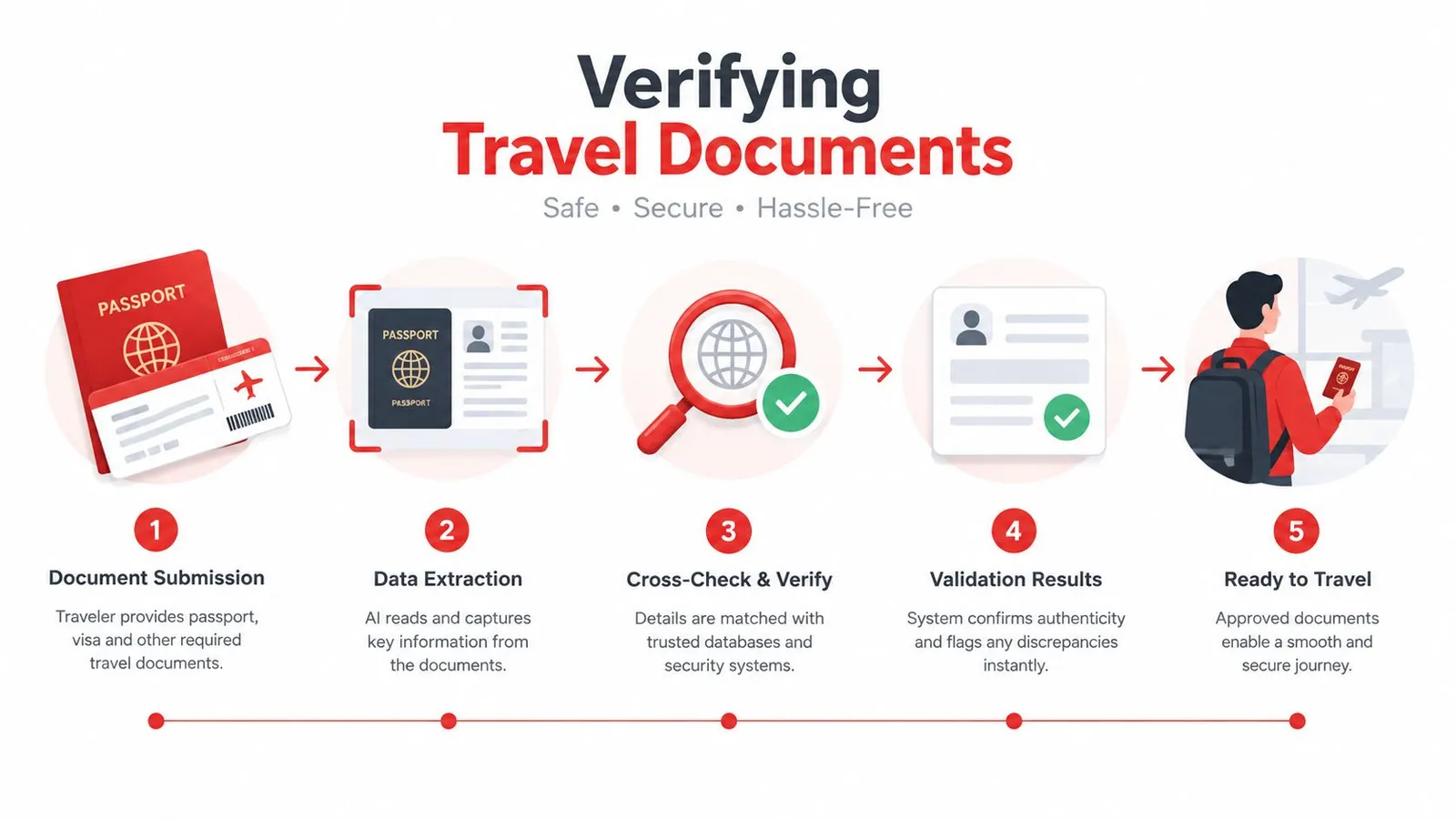 A five-step infographic showing the automated process of verifying traveler documents like passports and visas.
