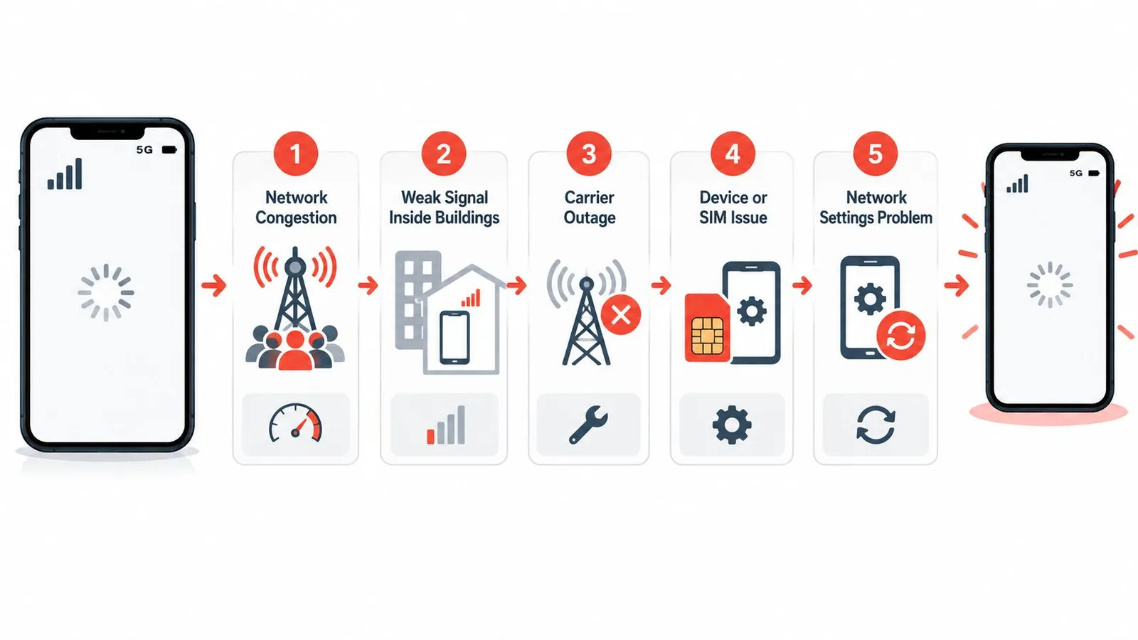 A diagram illustrating five potential causes for cellular data connectivity problems on a smartphone, from congestion to settings.