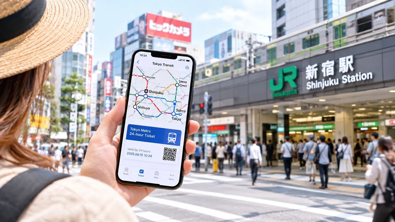 A person holding a smartphone showing a digital transit ticket in front of Shinjuku Station in Tokyo.