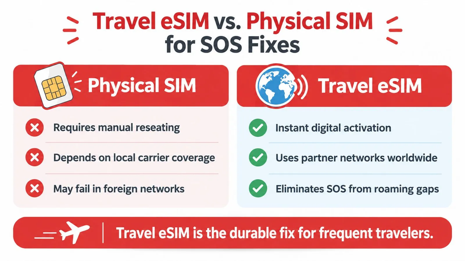 A comparison chart showing why travel eSIMs are a better alternative to physical SIM cards for travel.